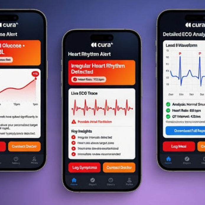 Four smartphone screens displaying health monitoring app features with 'cura+' branding.